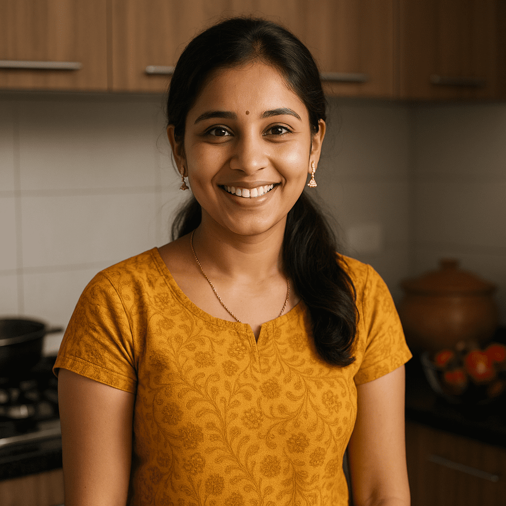 Gauri Joshi, a young Marathi café owner, smiling warmly in her home kitchen