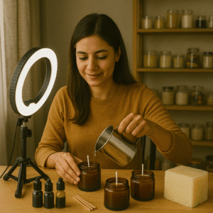 Indian woman in her early 30s making candles at home after receiving Shishu Mudra Loan