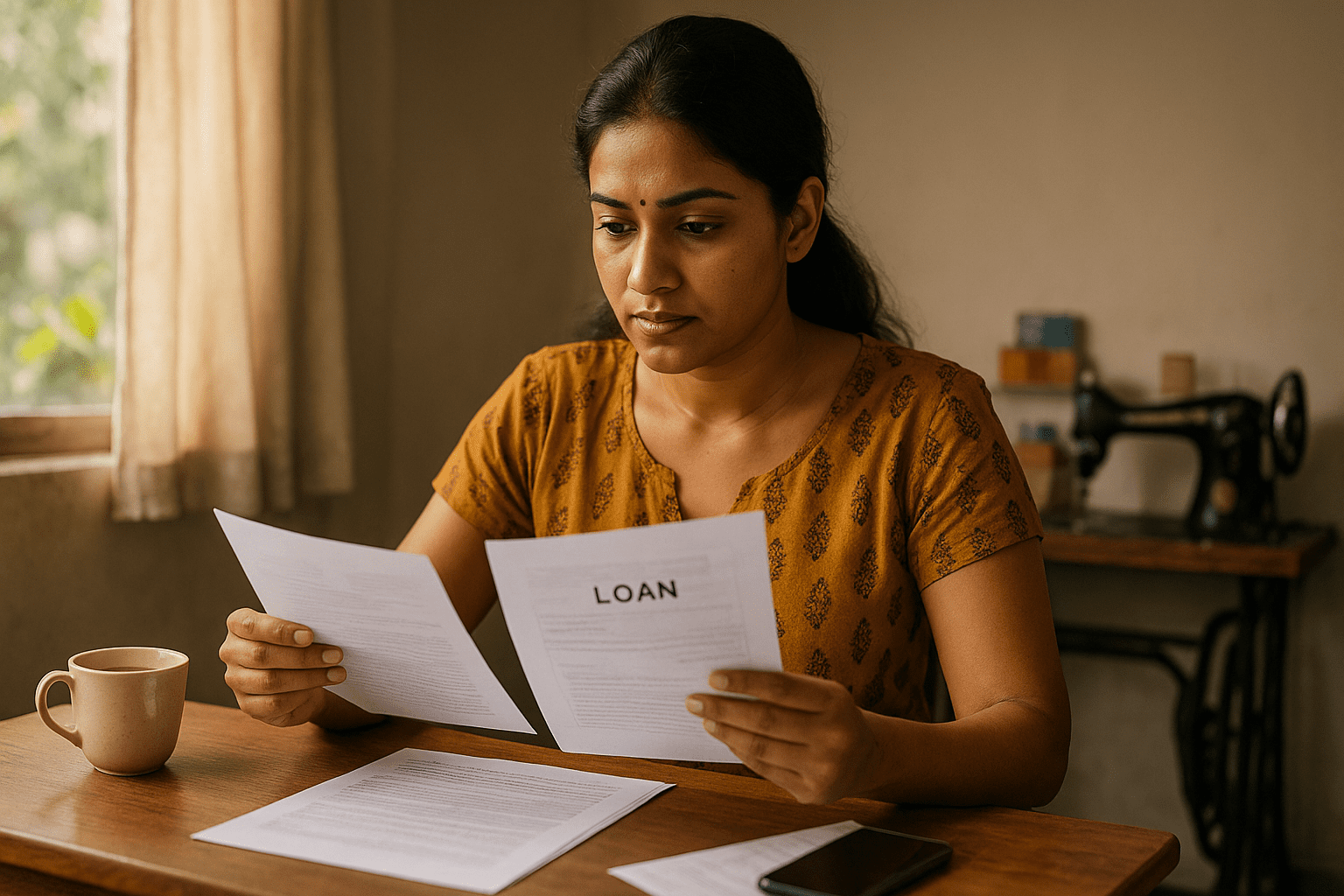 An Indian woman reviewing documents at home, empowered by the Shishu Mudra Loan